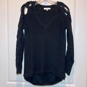 Milly Black rib V neck sweater with braided shoulder and  sleeve. Sz P